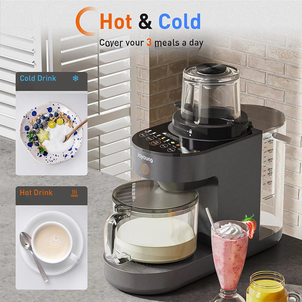 Black coffee maker with glass carafe on a kitchen counter, featuring images of hot and cold drinks.