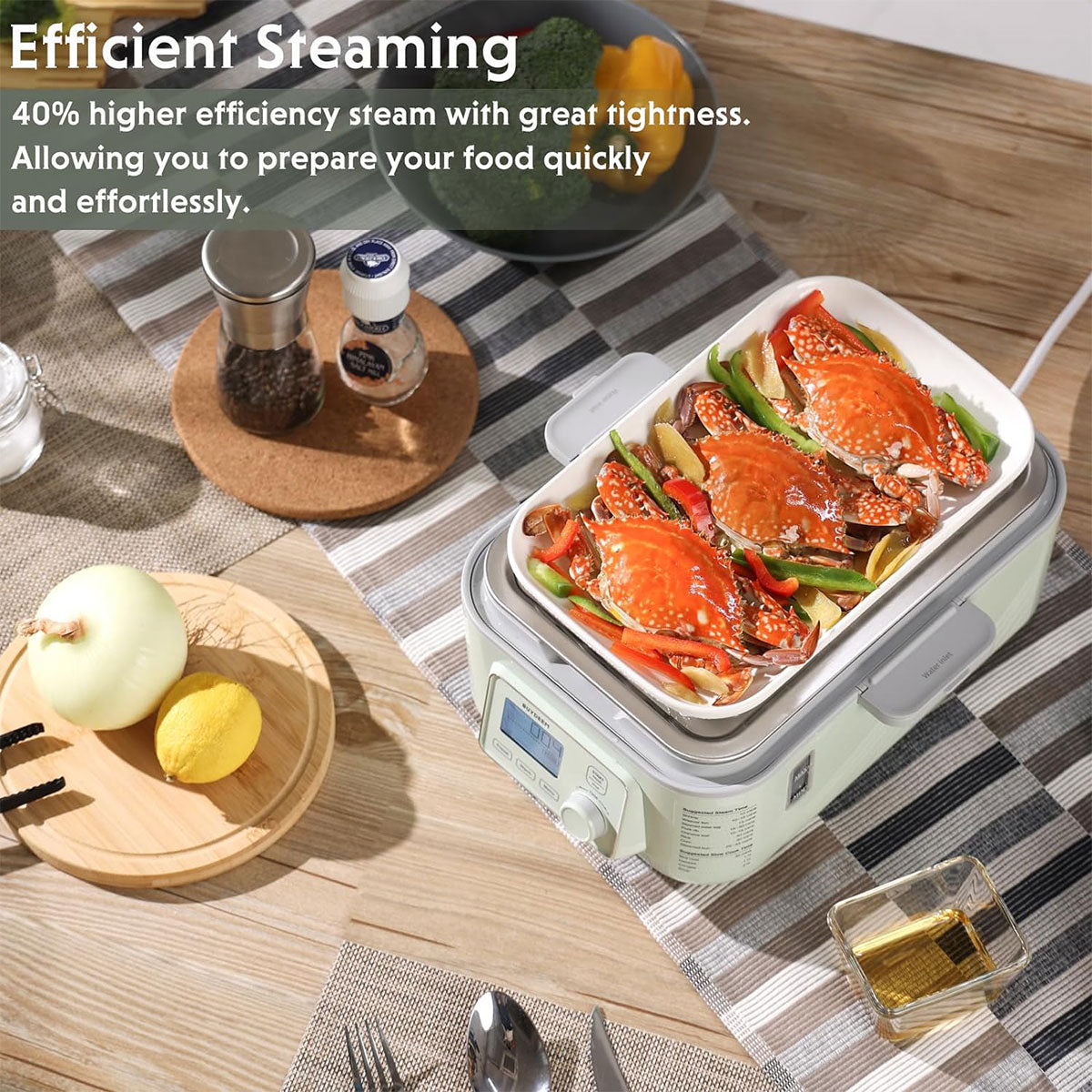 Food steamer with cooked seafood on a table setting, emphasizing efficiency and ease of use.