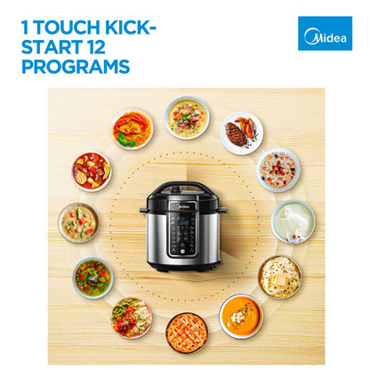 Midea pressure cooker with various dishes around it on a wooden surface