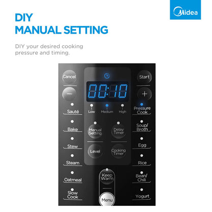 Midea pressure cooker control panel with digital display and buttons on a white background