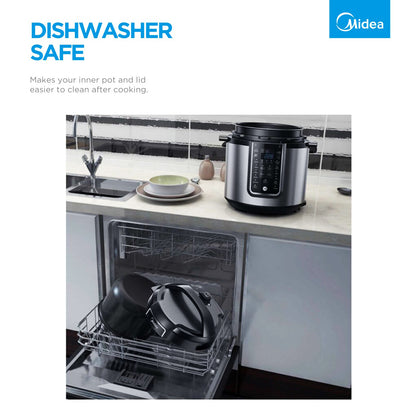 Midea pressure cooker on a kitchen counter with an open dishwasher below