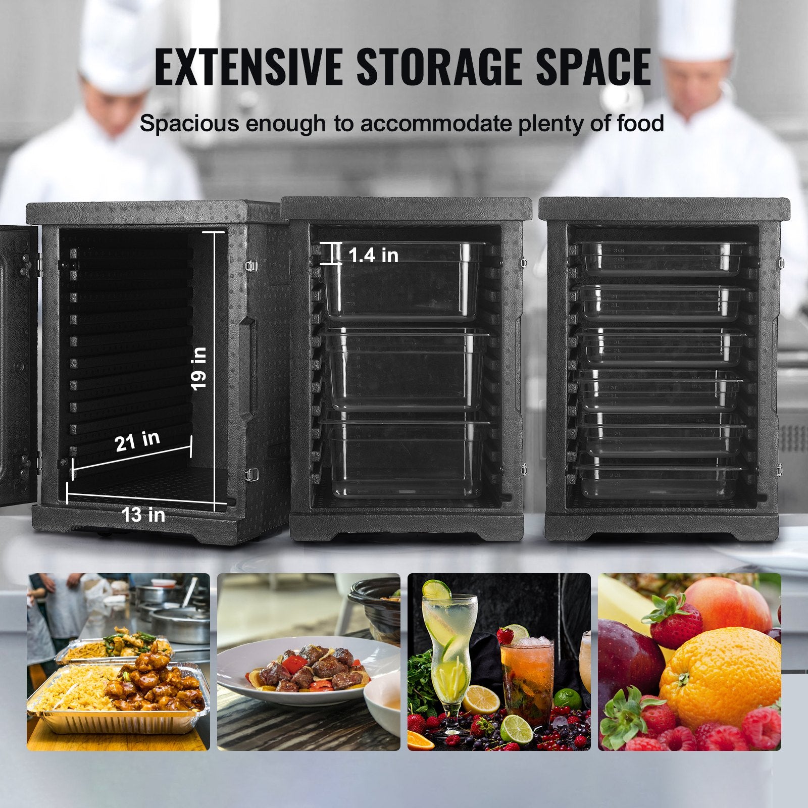 Storage unit with dimensions labeled, showing its capacity for food and beverages.