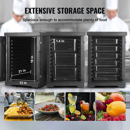 Storage unit with dimensions labeled, showing its capacity for food and beverages.