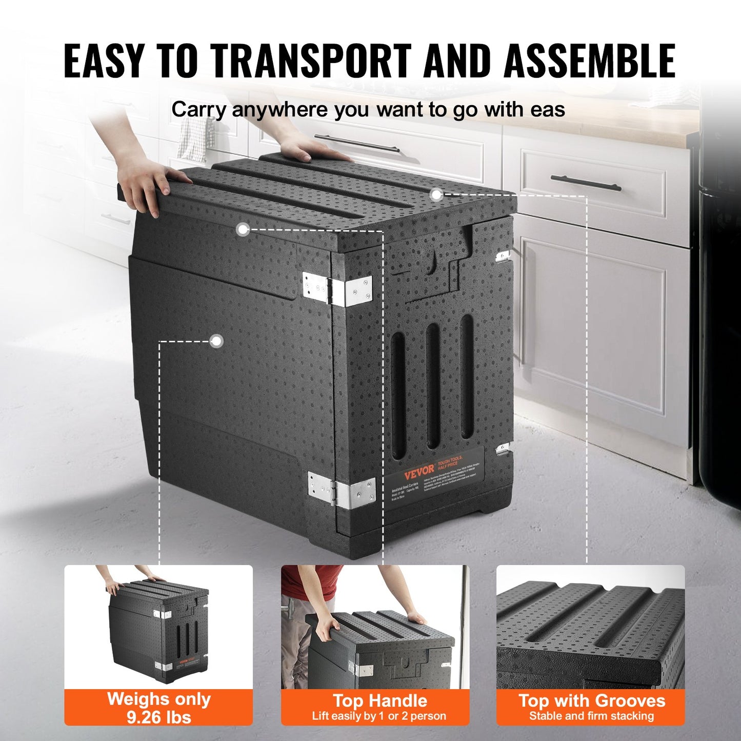 Black storage bin with text highlighting ease of transport and assembly, shown in a kitchen setting.