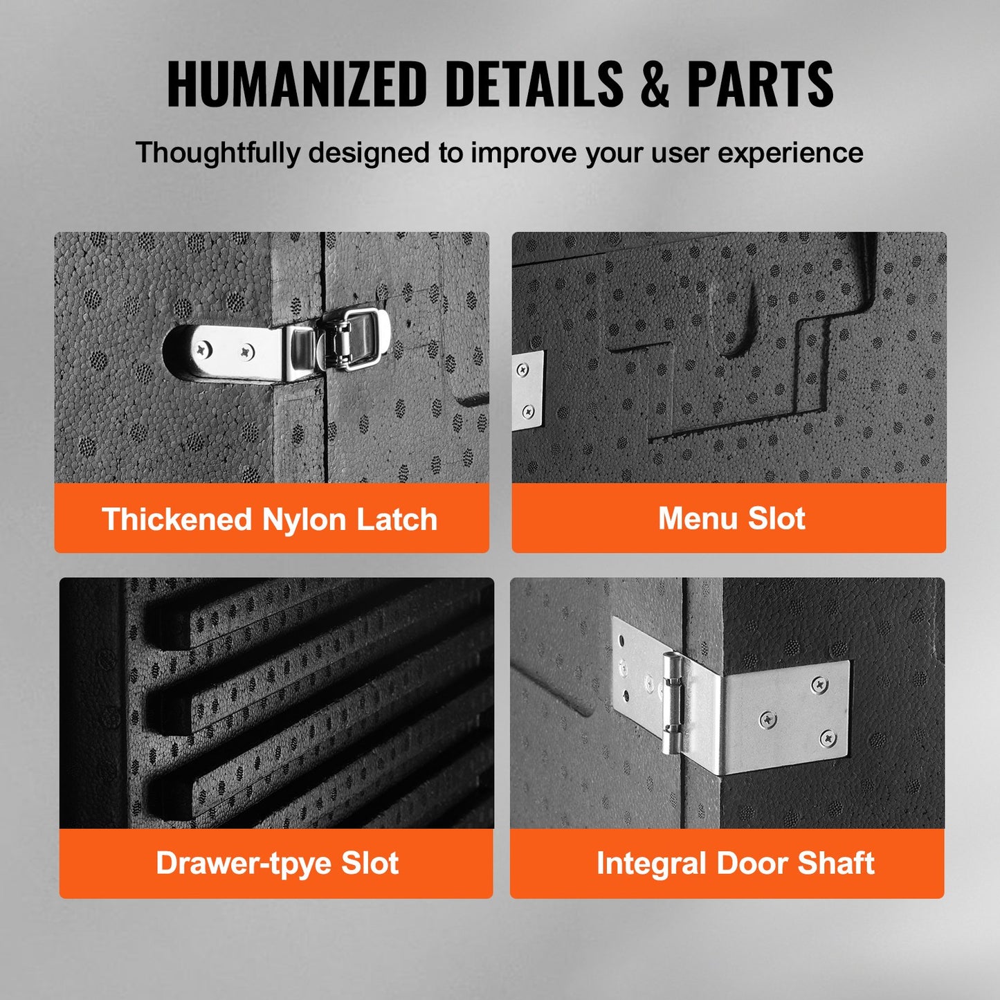 Product features with thickened nylon latch, menu slot, drawer-type slot, and integral door shaft on a gray background.