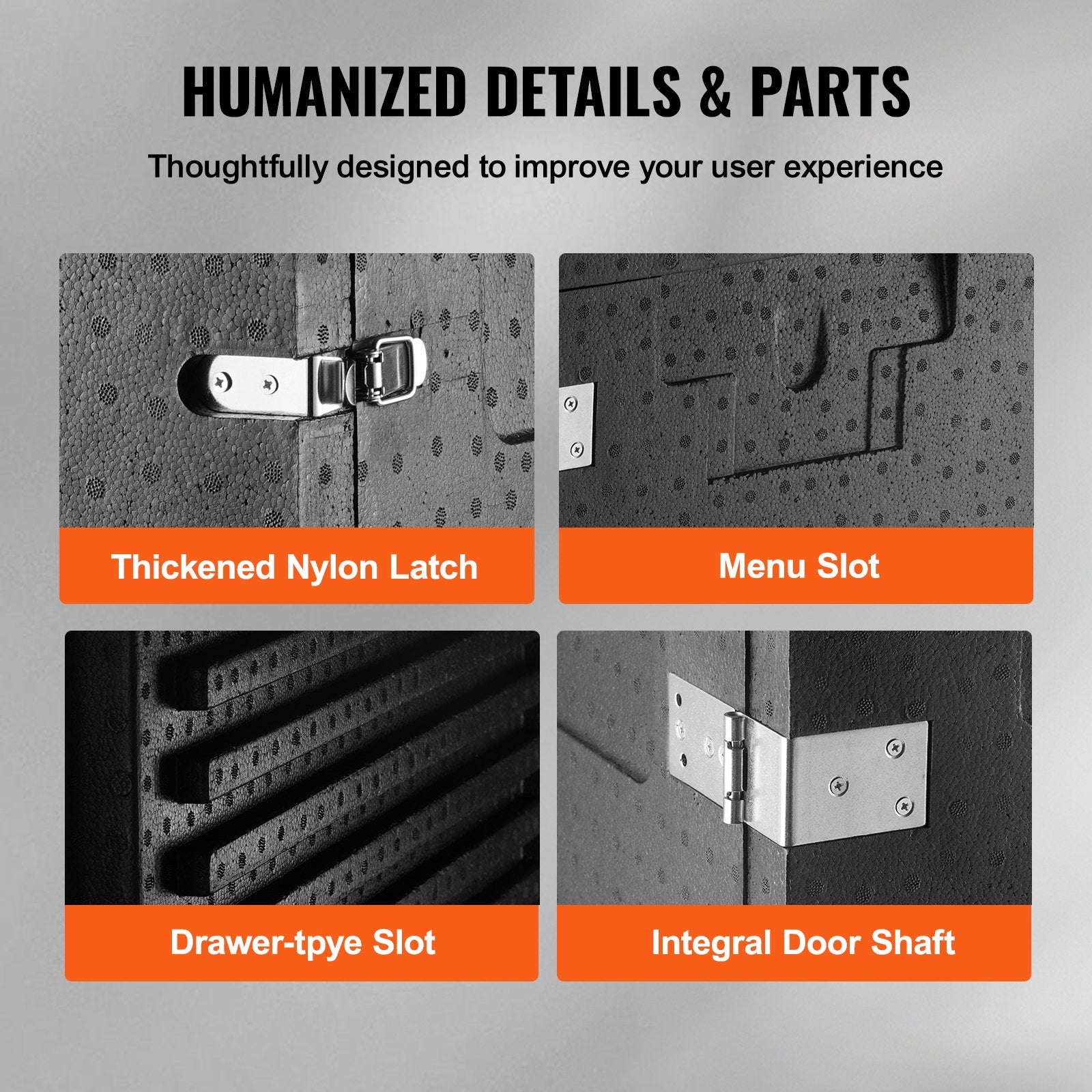 Product features with thickened nylon latch, menu slot, drawer-type slot, and integral door shaft on a gray background.