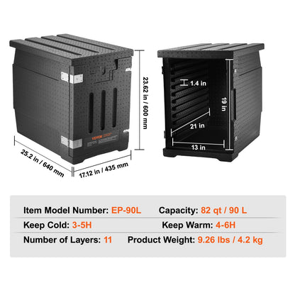 Black insulated cooler box with dimensions and specifications on a white background