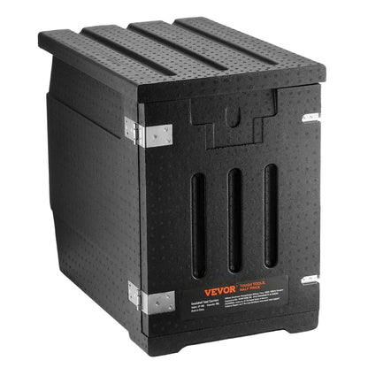 Black storage box with Vevor branding on a white background