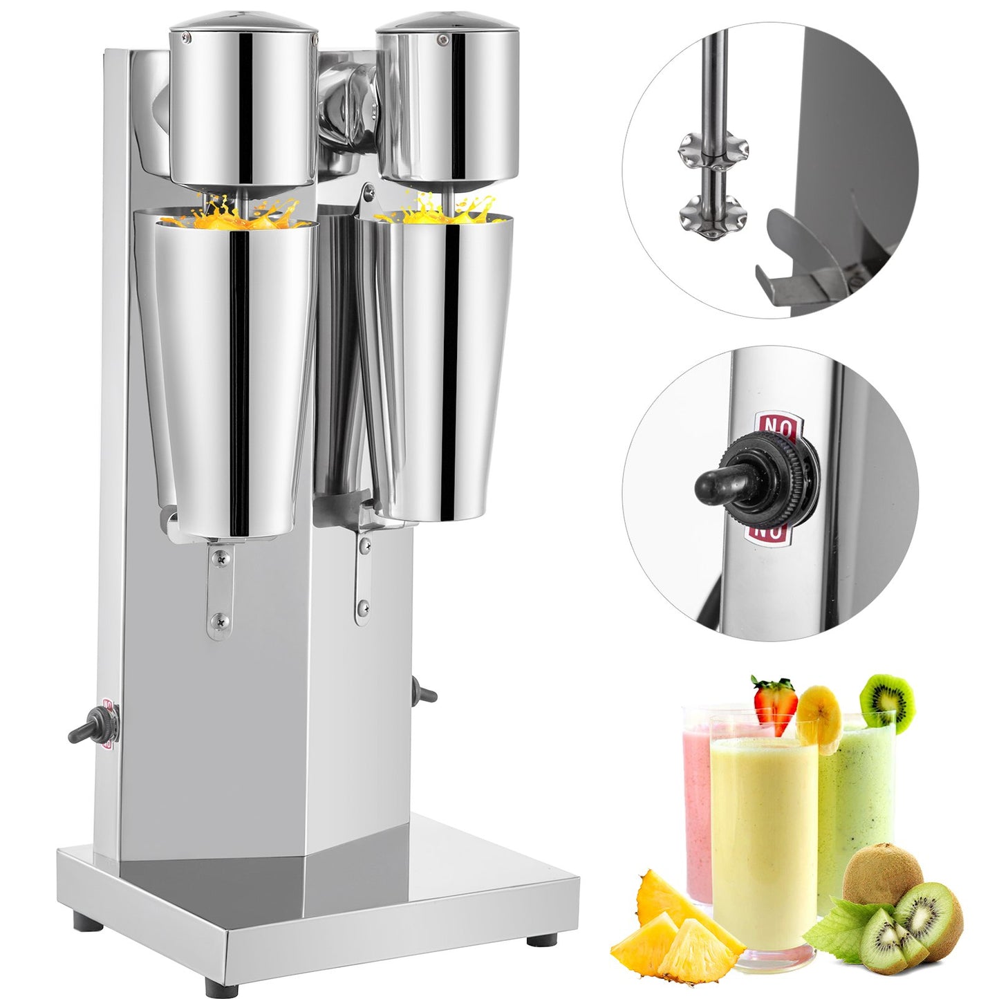 Stainless steel smoothie maker with close-up details and smoothies with fruits on a white background