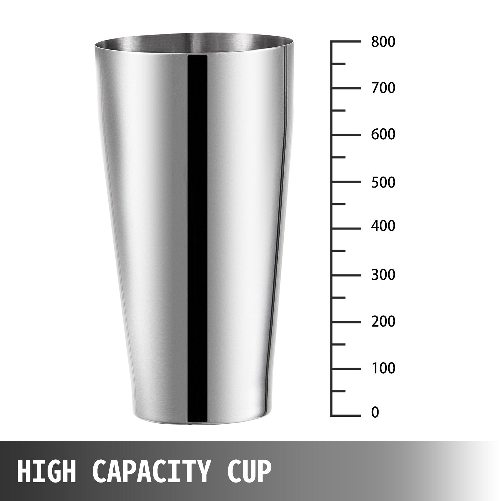 Stainless steel high capacity cup with measurement scale on a white background