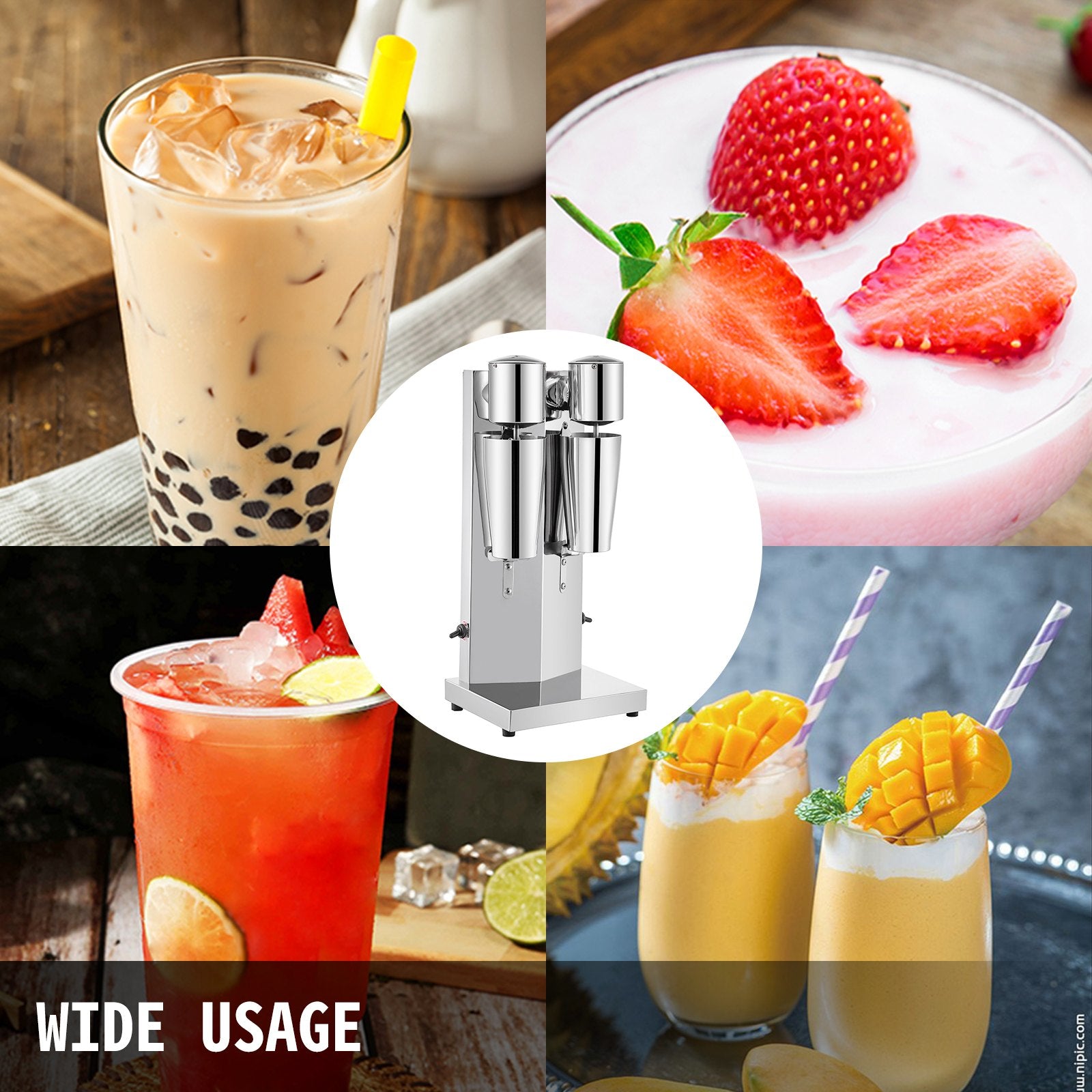 Collage of drinks including iced coffee, strawberry dessert, red cocktail, bubble tea machine, and mango cocktails with 'WIDE USAGE' text.