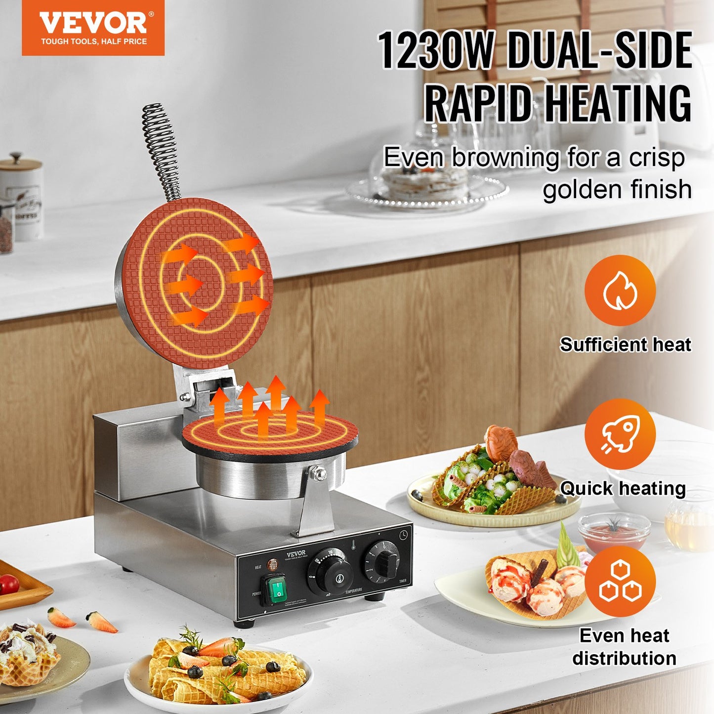 Vevor waffle maker with food on a kitchen counter, highlighting features like dual-side rapid heating.