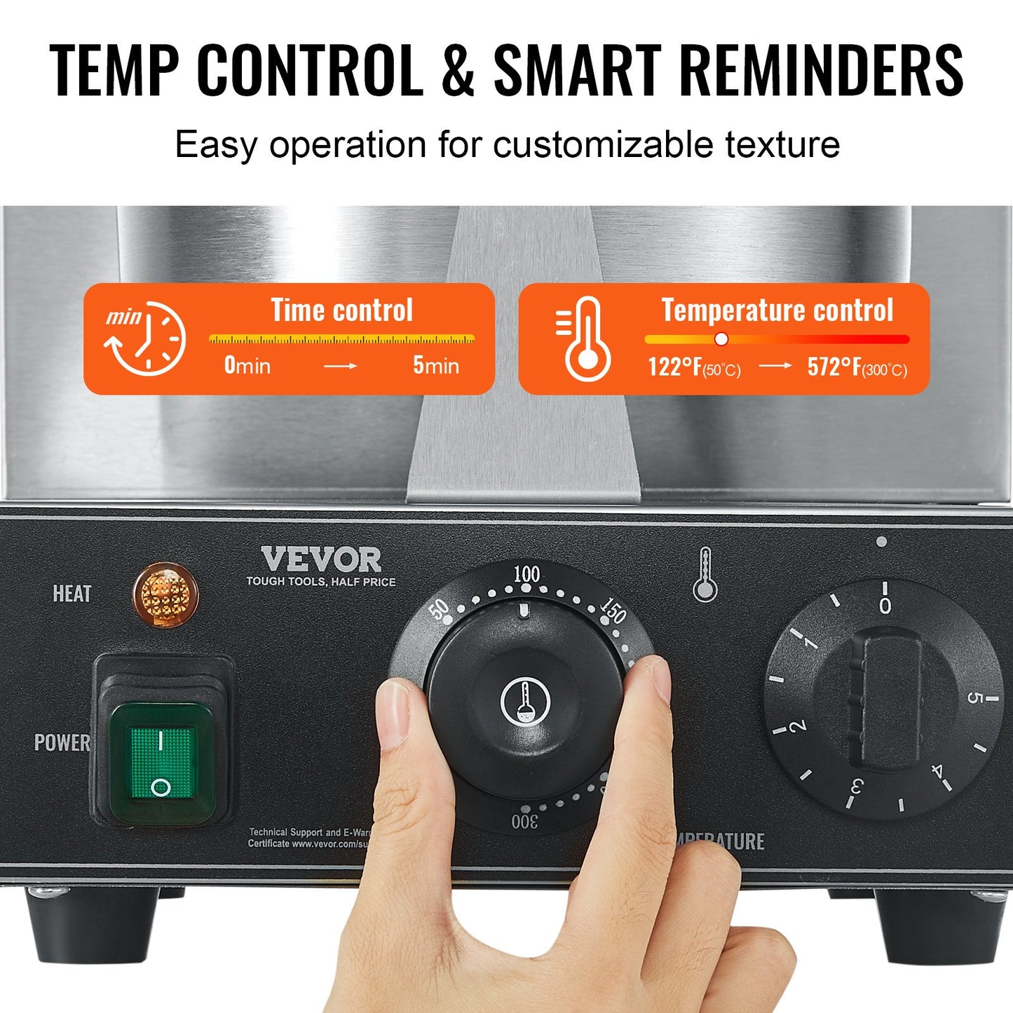 Vevor temperature control panel with time and temperature settings on a white background