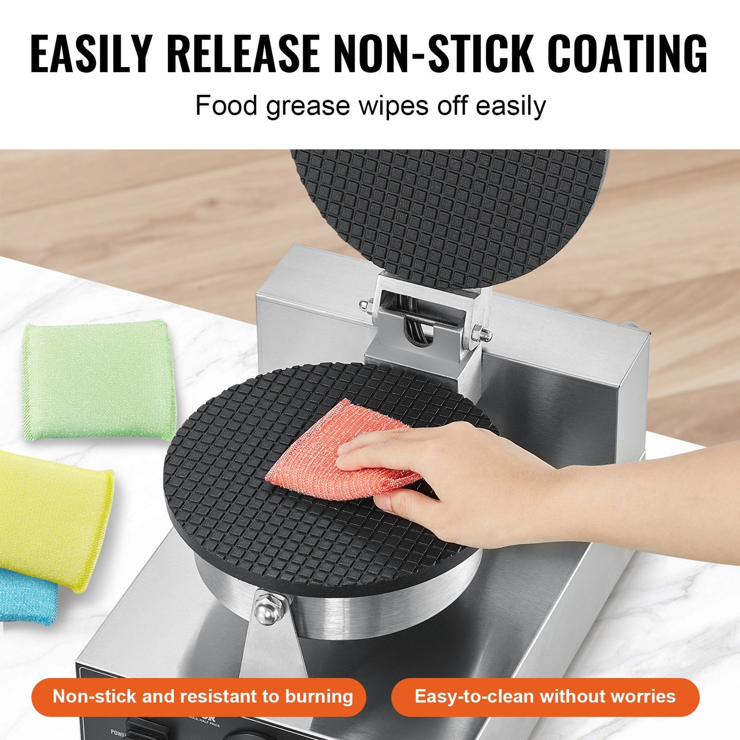 Non-stick surface with a hand wiping it, surrounded by cleaning cloths on a wooden surface.