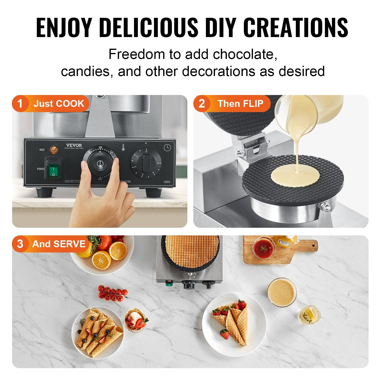 Vevor waffle maker with step-by-step instructions on making waffles, including cooking, flipping, and serving.