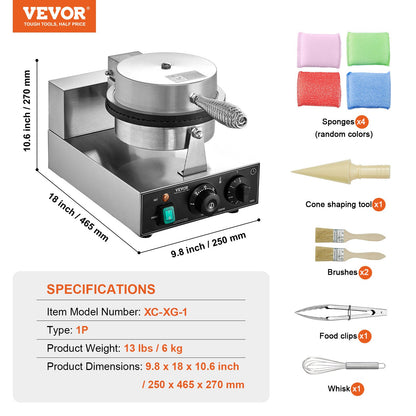 Vevor waffle maker with accessories and specifications on a white background