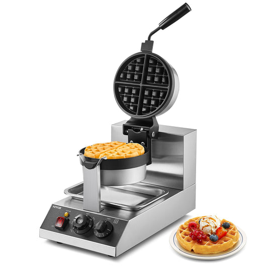 Waffle maker with a waffle inside and another waffle on a plate with toppings on a white background