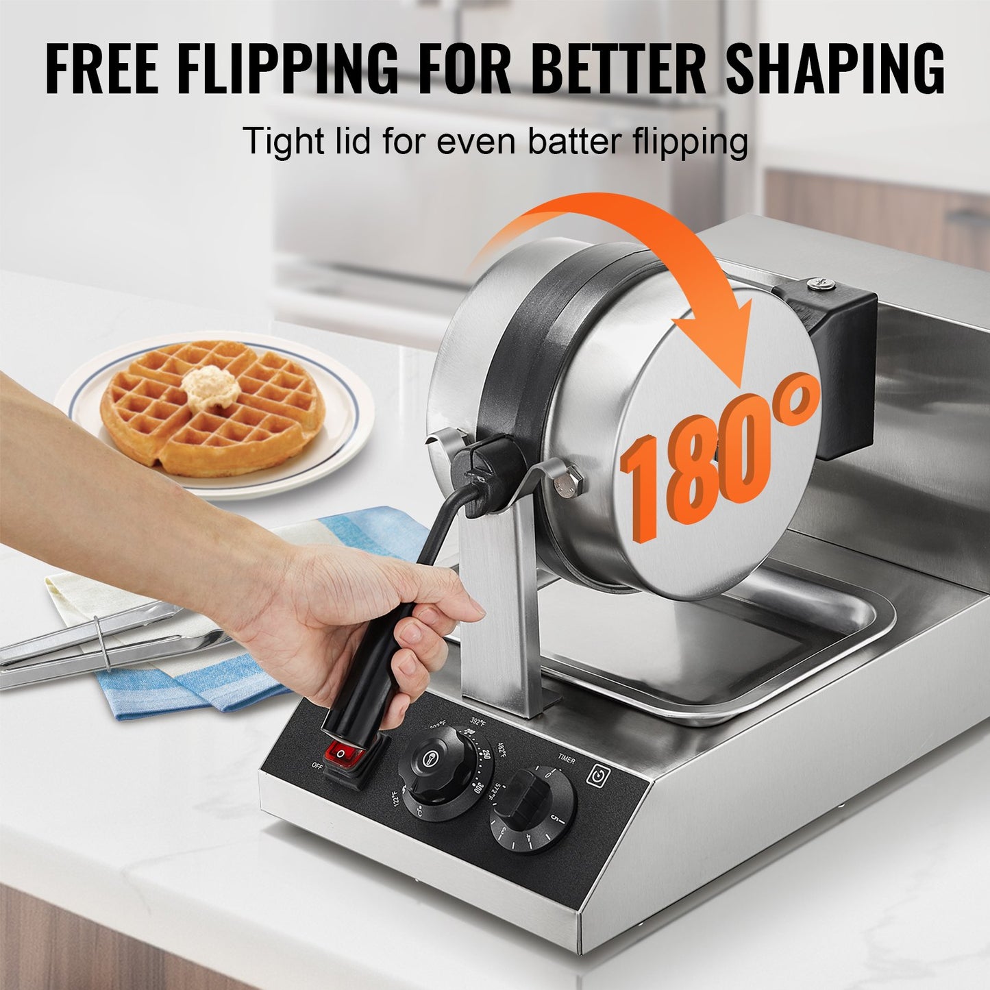 Waffle maker with '180°' branding on a kitchen counter, showing a waffle and a hand flipping it.