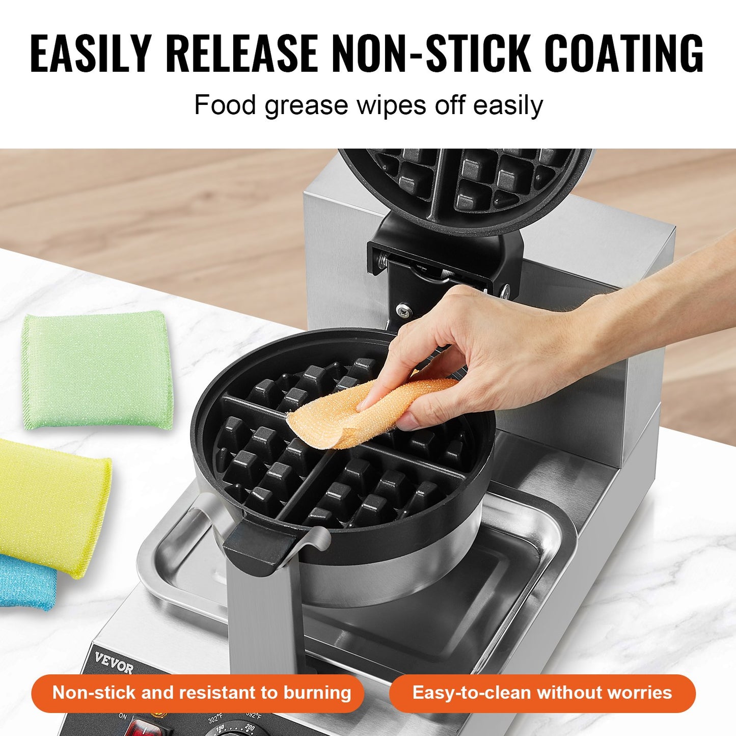 Waffle maker with a hand removing a waffle, surrounded by cleaning cloths and text about non-stick coating.