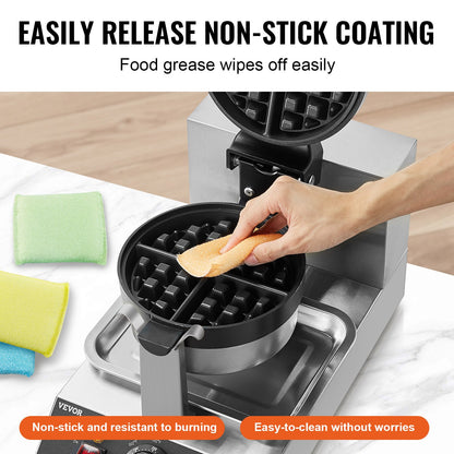 Waffle maker with a hand removing a waffle, surrounded by cleaning cloths and text about non-stick coating.