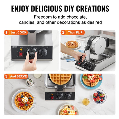 Vevor waffle maker with step-by-step instructions on a white background