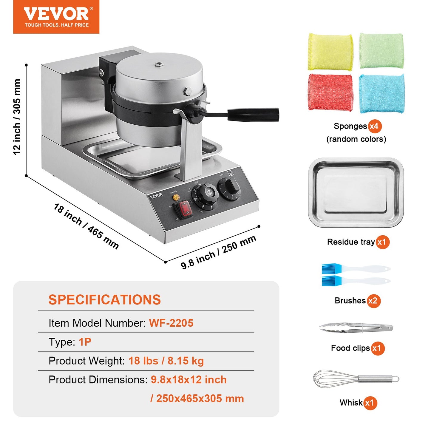 Vevor waffle maker with cleaning accessories and specifications on a white background