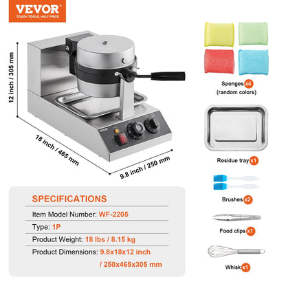 Vevor waffle maker with cleaning accessories and specifications on a white background
