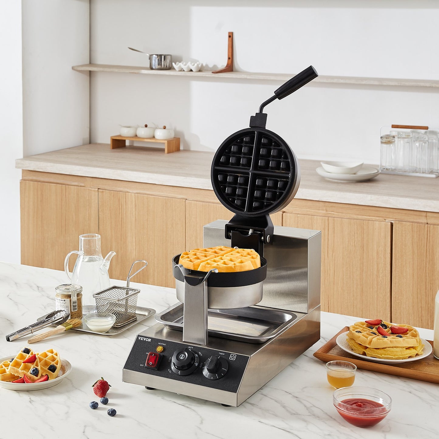 Waffle maker with waffles on a kitchen counter