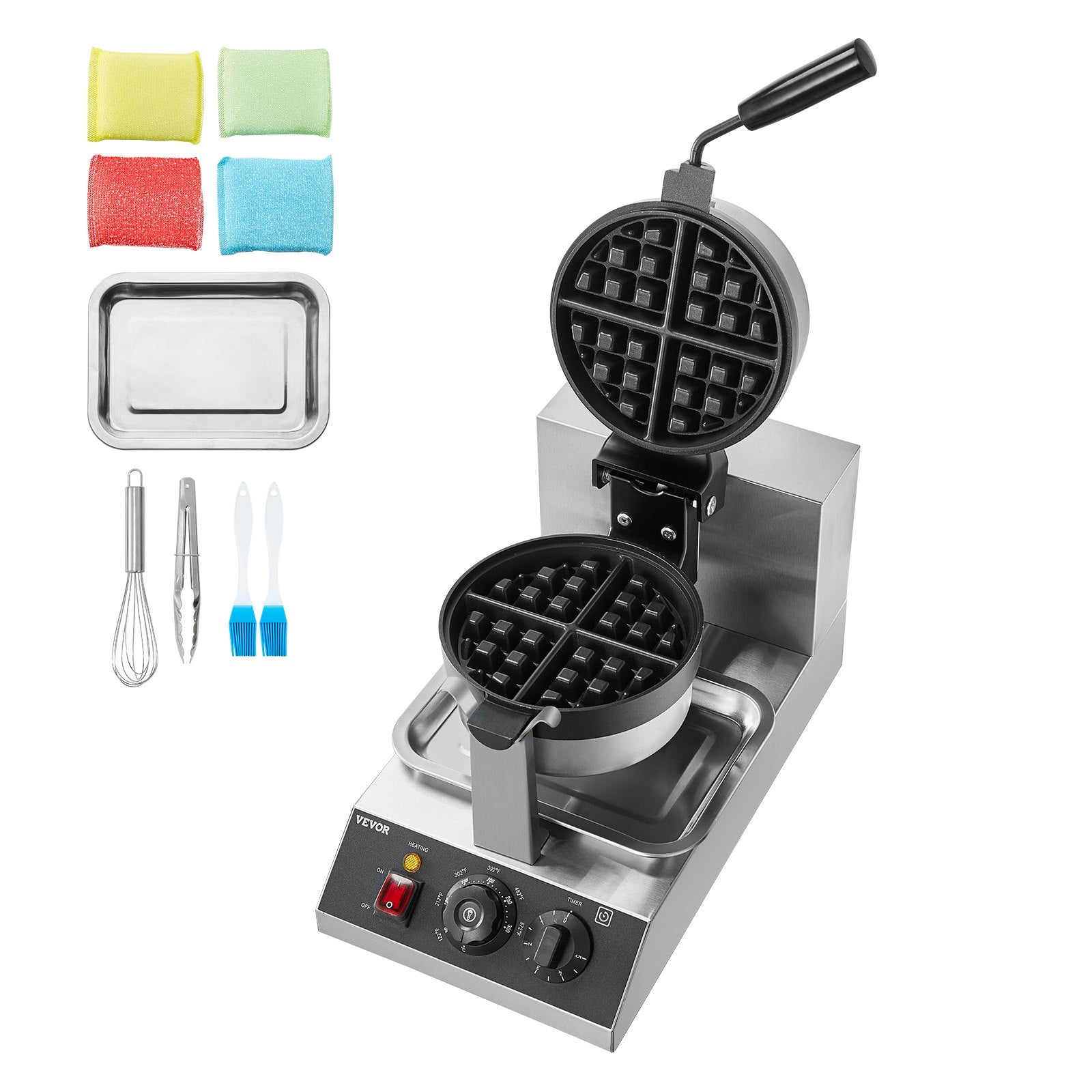 Waffle maker with accessories on a white background