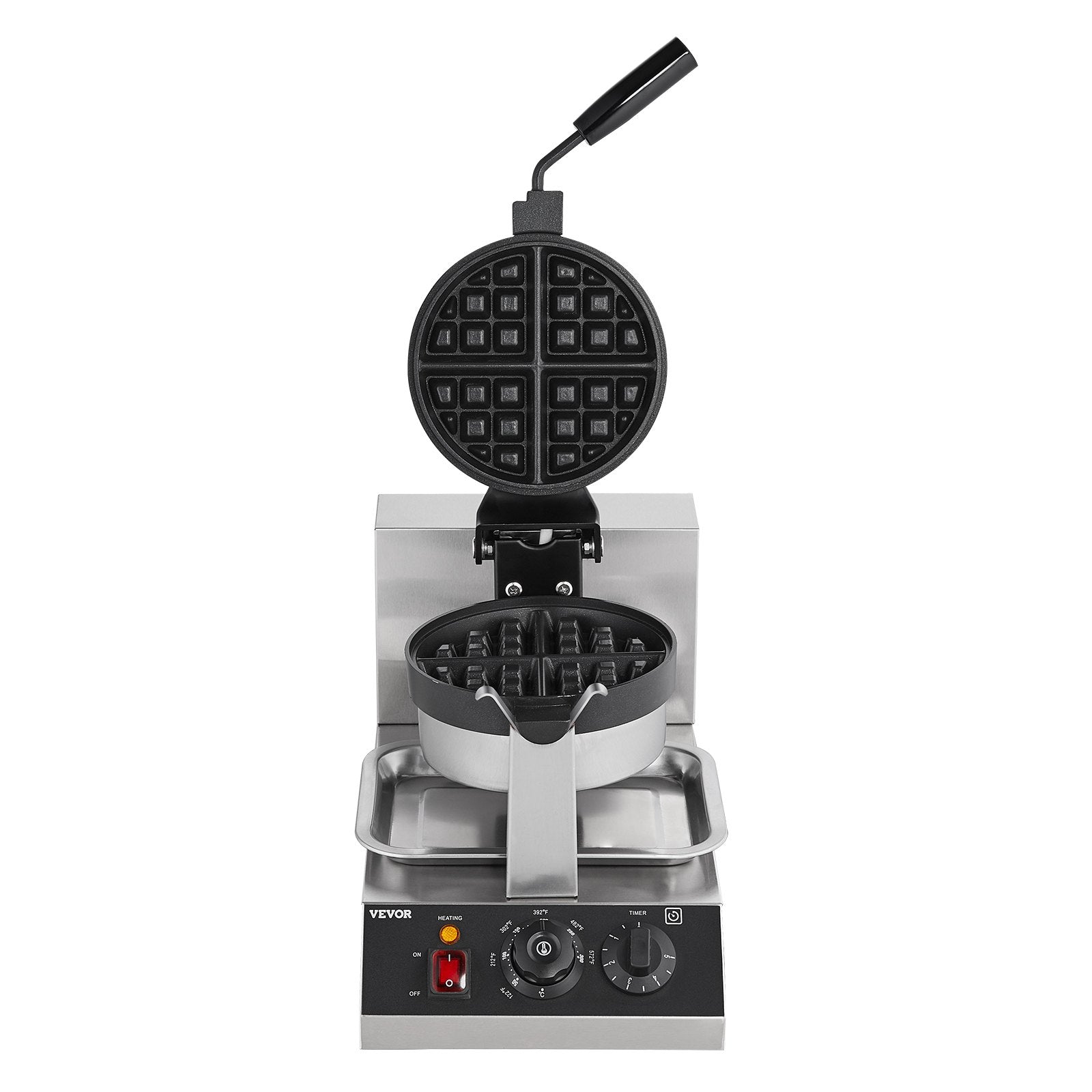 Waffle maker with two circular waffle plates on a white background