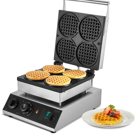 Waffle maker with four waffles on a white background