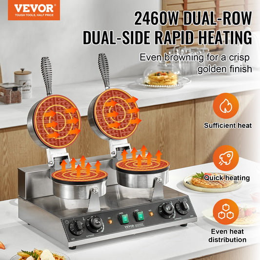 Vevor waffle maker with dual-row heating system on a kitchen counter.