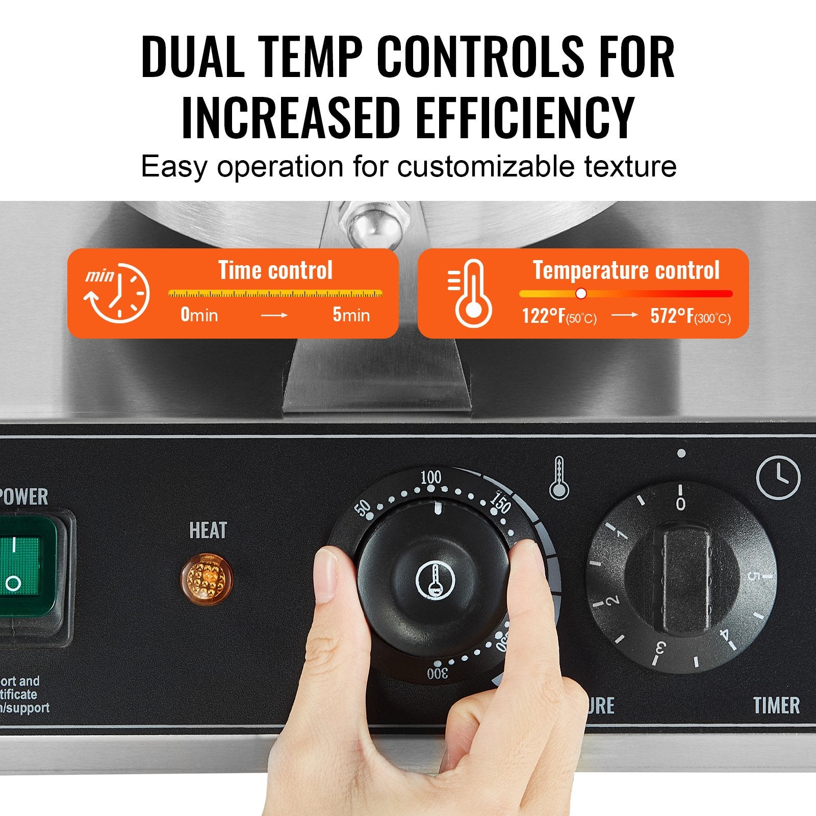 Control panel with dual temperature and time controls for increased efficiency, featuring a hand adjusting the settings.