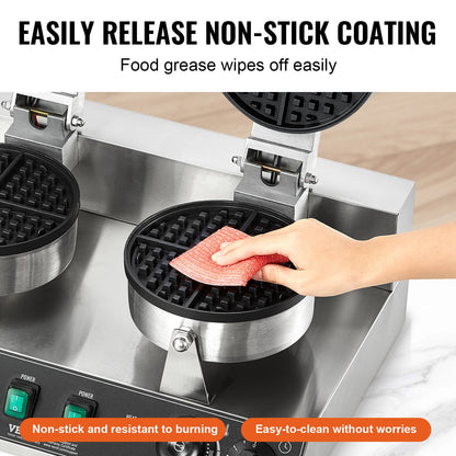 Waffle maker with a hand using a red cloth to wipe off food grease, emphasizing non-stick coating.