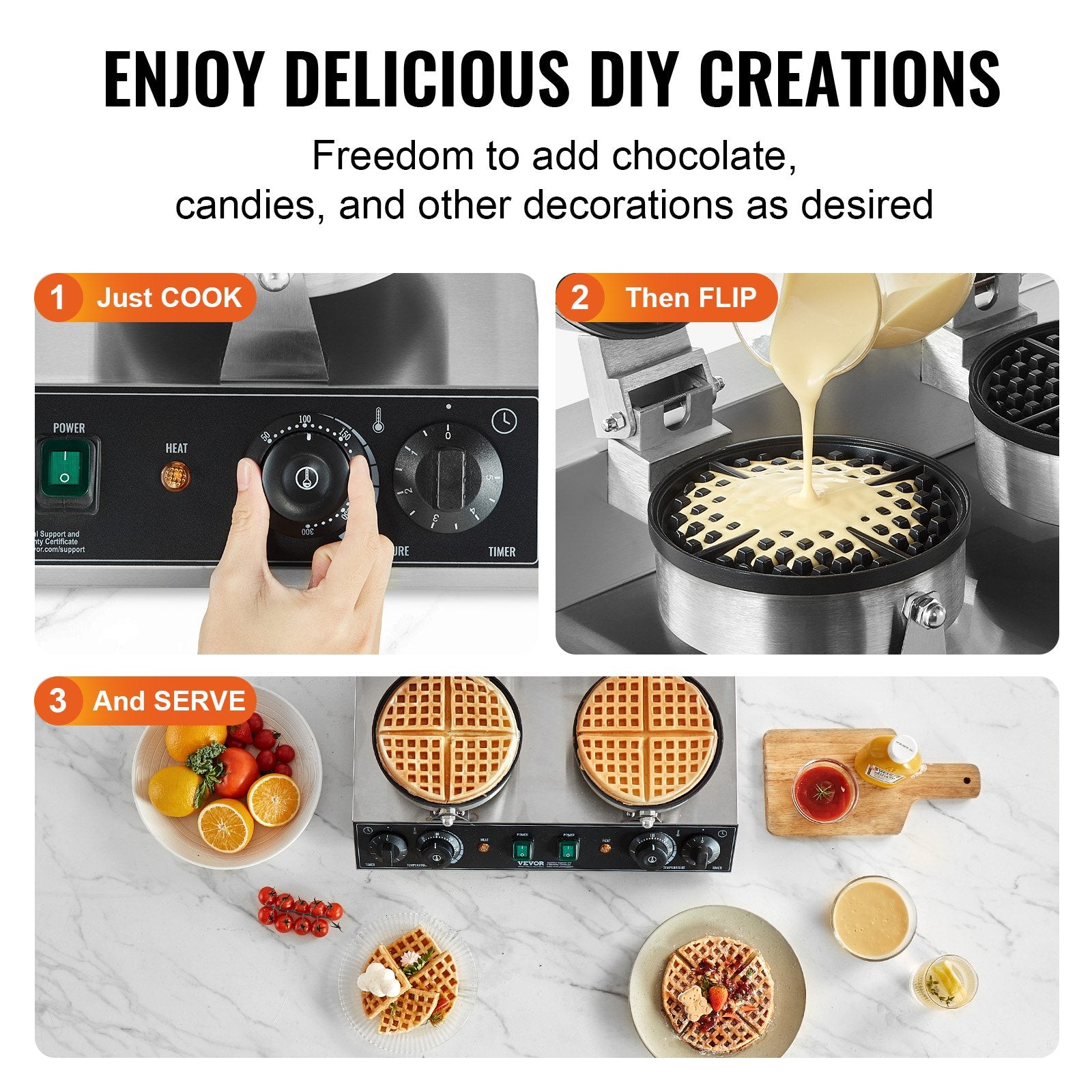 Waffle maker with step-by-step instructions on making waffles, including cooking, flipping, and serving.