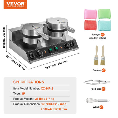 Vevor waffle maker with accessories and specifications on a white background