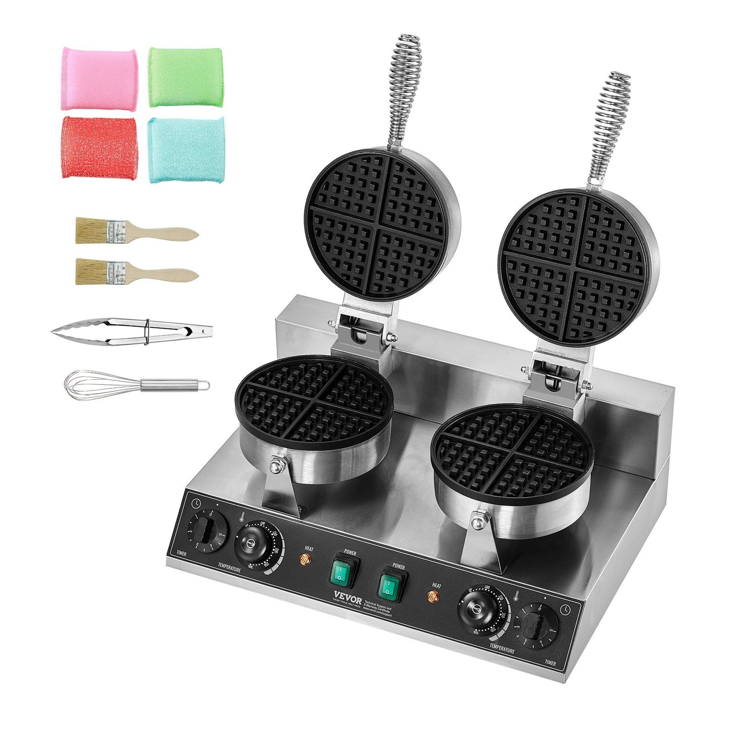 Double waffle maker with cleaning brushes and cloths on a white background