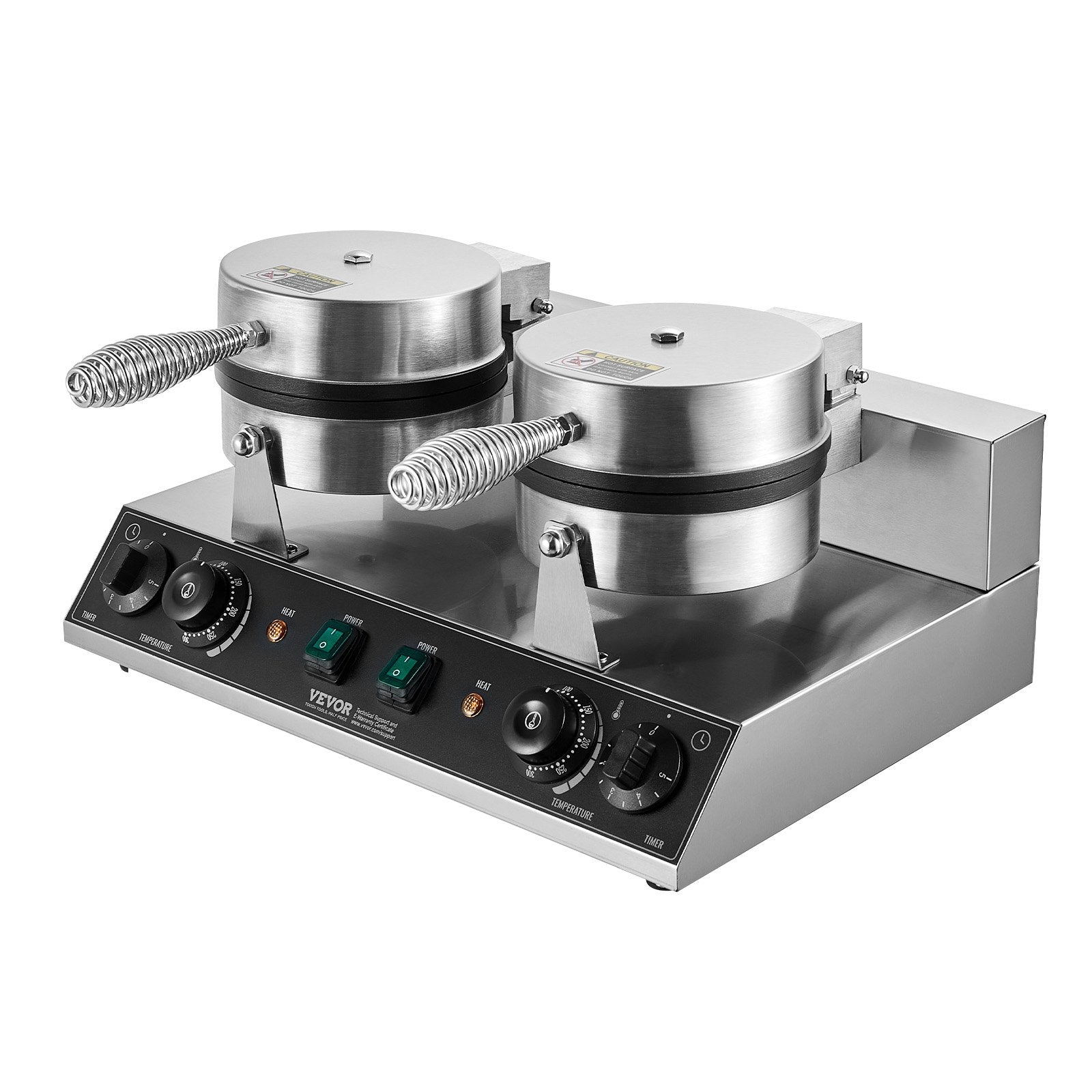 Stainless steel waffle maker on a white background