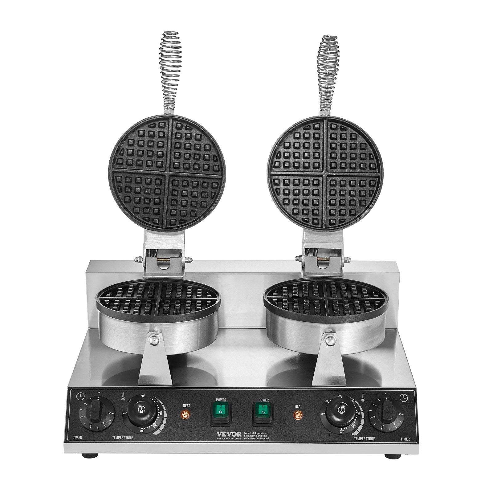 Double waffle maker with metal grids on a white background