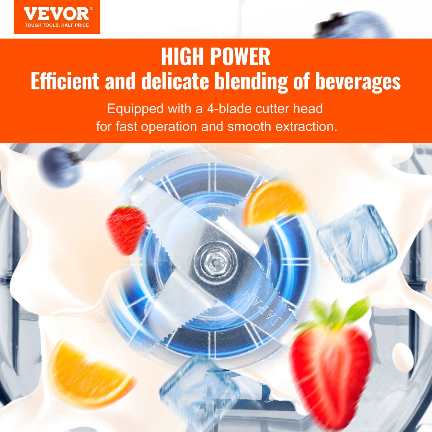 Vevor blender with ingredients like strawberries and oranges on a white background