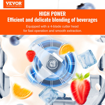 Vevor blender with ingredients like strawberries and oranges on a white background