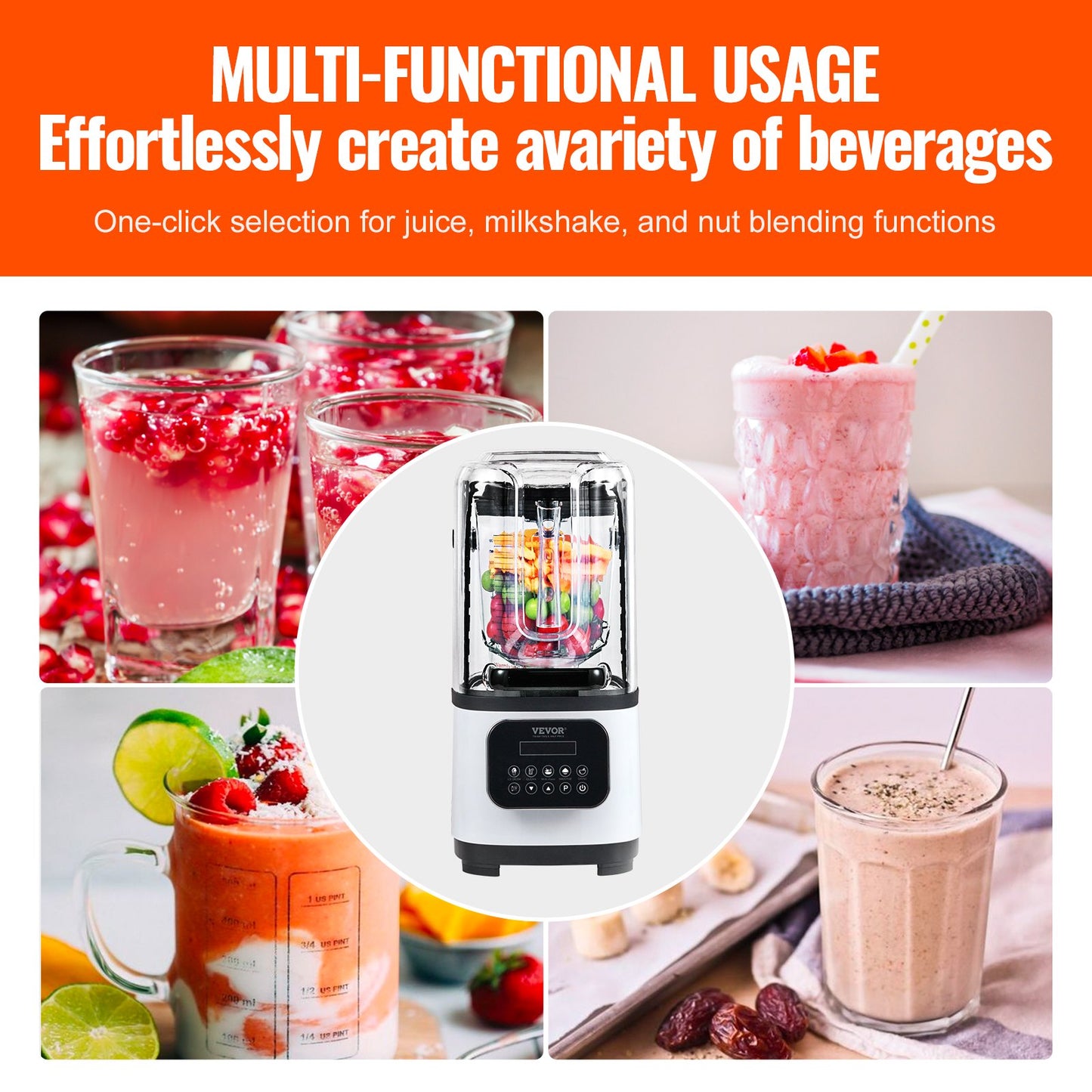 Blender with images of various beverages and text about its multi-functional usage.