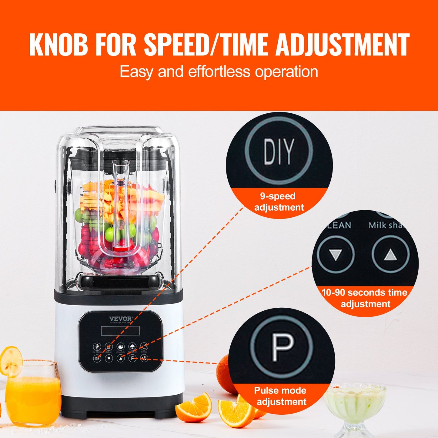 Blender with a knob for speed/time adjustment, surrounded by fruits and a glass of juice.