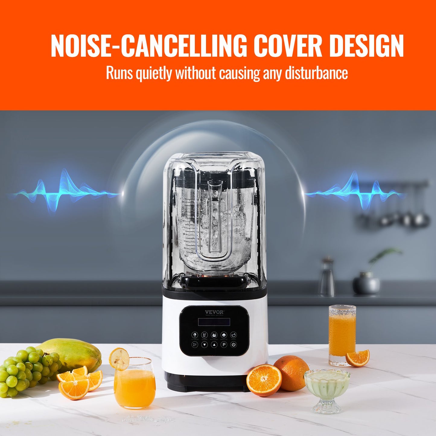 Blender with noise-cancelling cover design on a kitchen counter with fruits and drinks.