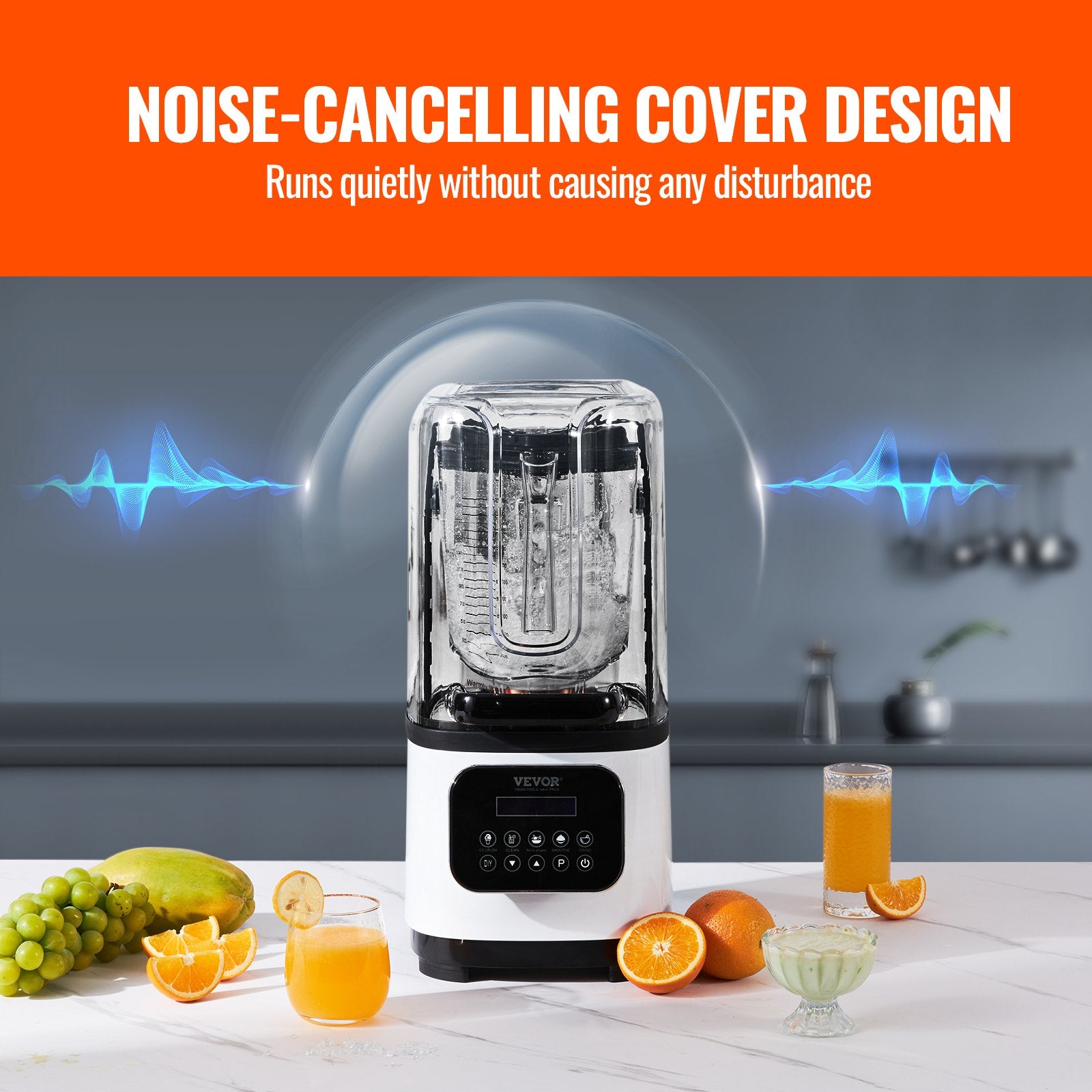 Blender with noise-cancelling cover design on a kitchen counter with fruits and drinks.