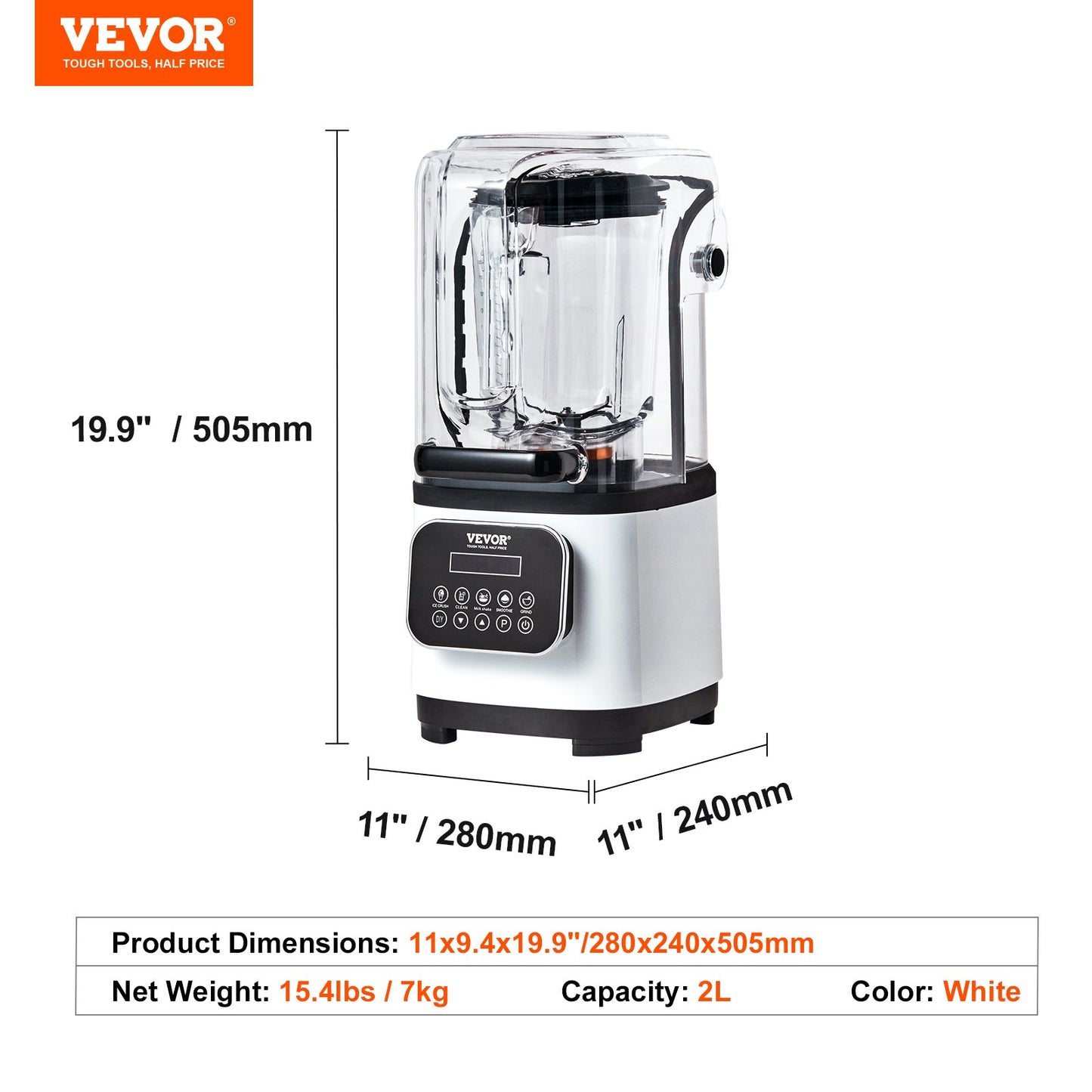 Vevor blender with dimensions and product details on a white background