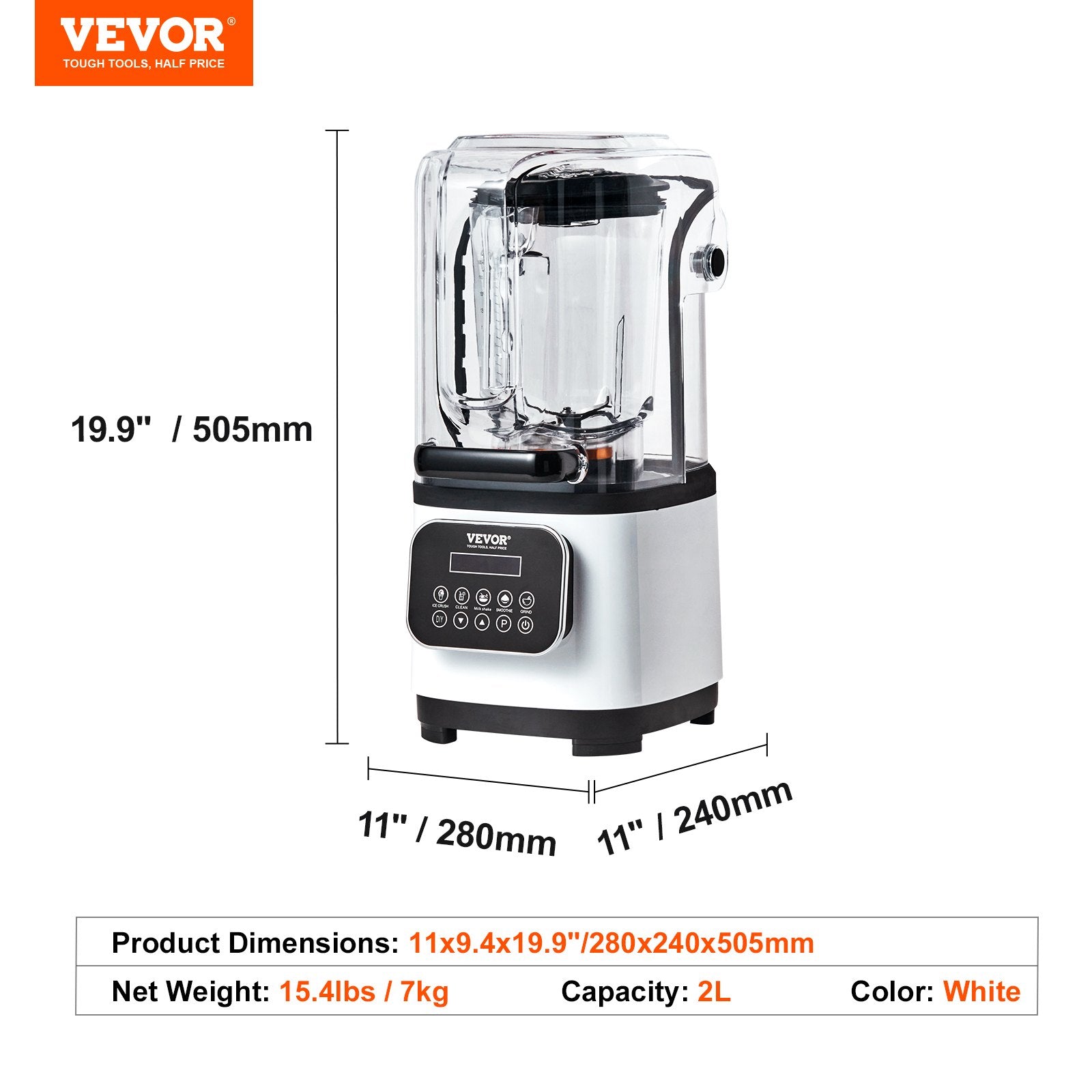 Vevor blender with dimensions and product details on a white background