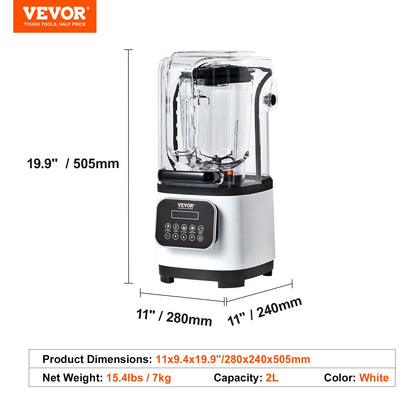 Vevor blender with dimensions and product details on a white background