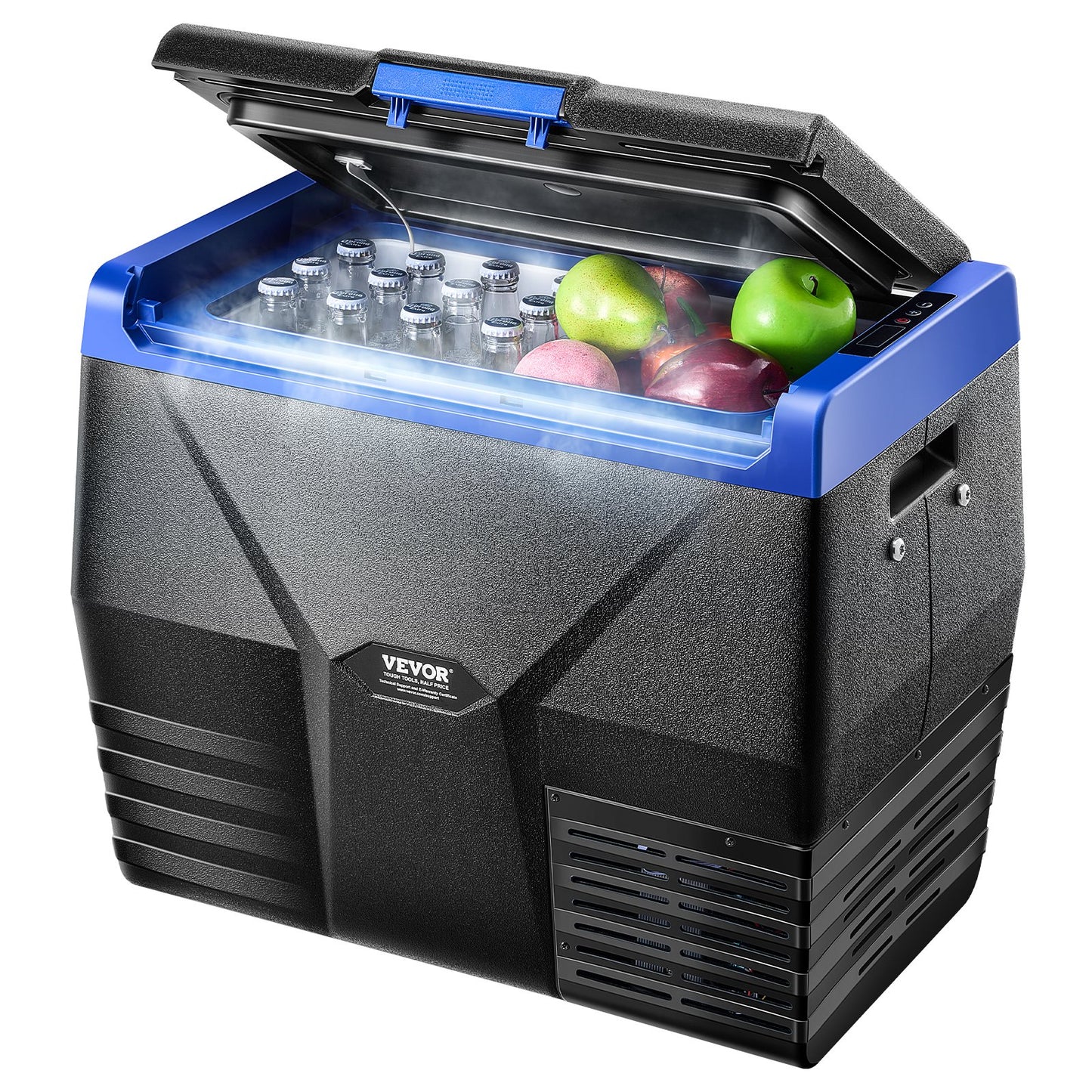 Portable cooler with VEVOR branding containing bottles and fruits on a white background