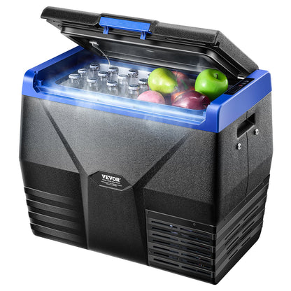 Portable cooler with VEVOR branding containing bottles and fruits on a white background